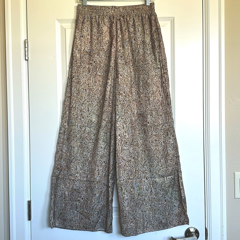 Philosophy Satin Wide Leg Pants Paisley Print sz Small Pull On Green Gray Silver